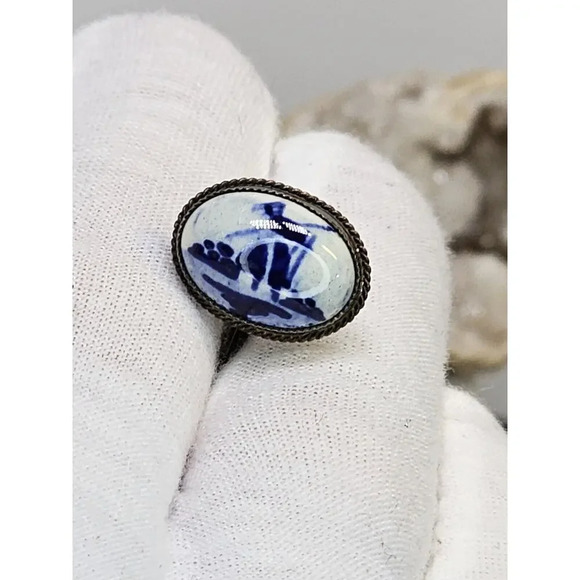 Vintage 835 Silver & Ceramic [Windmill/Countryside] Cufflinks (Tarnished) - Picture 3 of 7